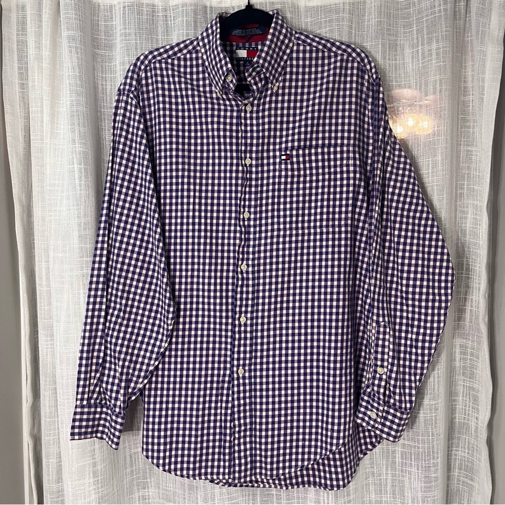 90s VINTAGE Tommy Hilfiger Blue Gingham Long Sleeve Button Up Red Blue Small